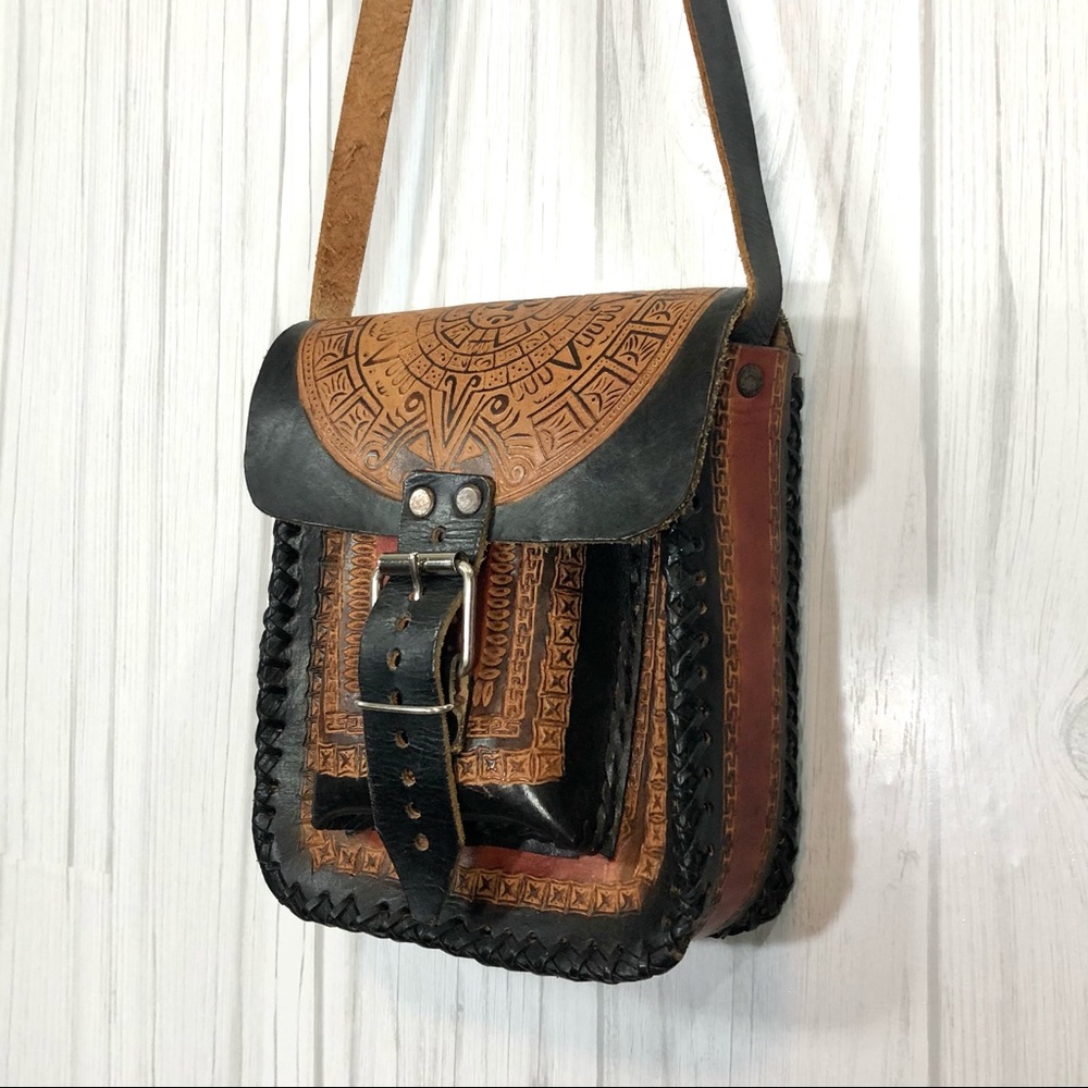 Vintage Mayan Sun Tooled Leather Shoulder Bag